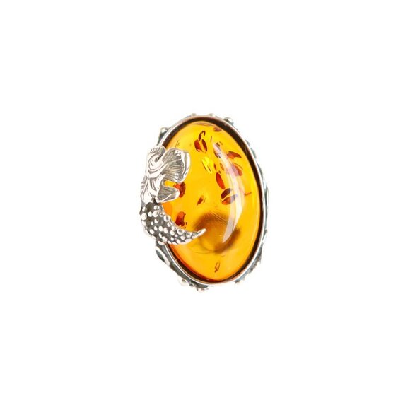 Baltic Cognac Amber Grape Leaf Statement Ring in 925 Sterling Silver - Picture 3 of 7